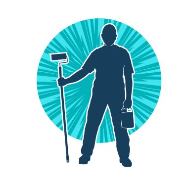 Boya işi yapan bir erkek işçinin silüeti. Bir iç ressamın silueti..