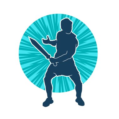 Bir erkek savaşçının silueti kılıçla poz veriyor. Kılıç taşıyan bir savaşçının silueti..