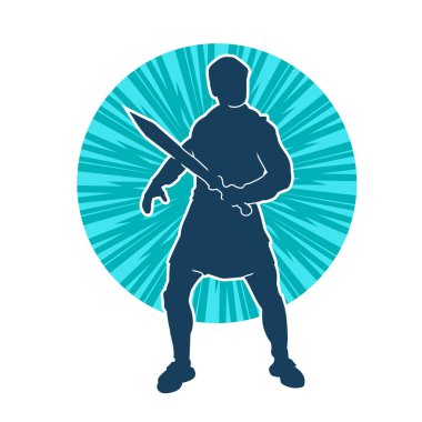 Bir erkek savaşçının silueti kılıçla poz veriyor. Kılıç taşıyan bir savaşçının silueti..