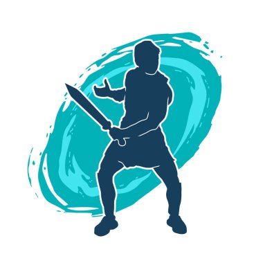 Bir erkek savaşçının silueti kılıçla poz veriyor. Kılıç taşıyan bir savaşçının silueti..