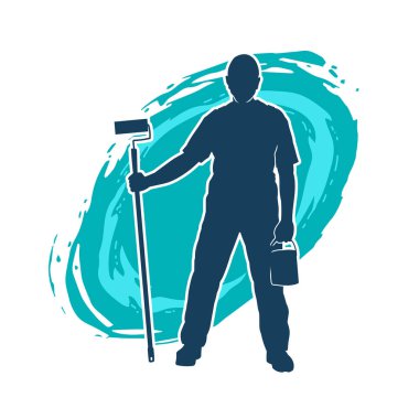 Boya işi yapan bir erkek işçinin silüeti. Bir iç ressamın silueti..