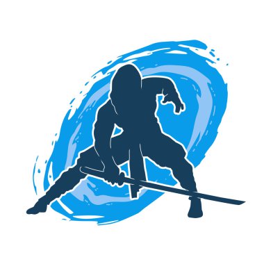 Katana kılıcı taşıyan dövüş sanatları kostümlü bir erkek dövüşçünün silueti.. 