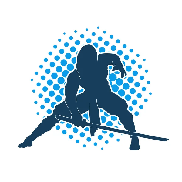 Katana kılıcı taşıyan dövüş sanatları kostümlü bir erkek dövüşçünün silueti.. 