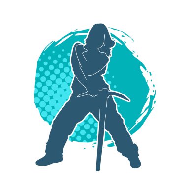 Kadın modelin silüeti, işçi kıyafeti giymesi ve balta taşıması..