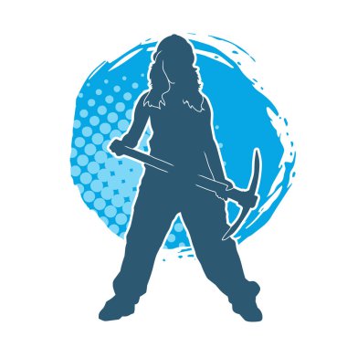 Kadın modelin silüeti, işçi kıyafeti giymesi ve balta taşıması..