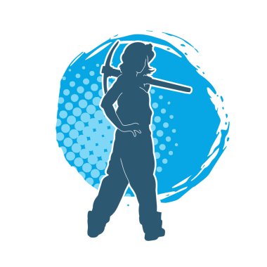 Kadın modelin silüeti, işçi kıyafeti giymesi ve balta taşıması..