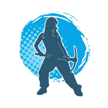 Kadın modelin silüeti, işçi kıyafeti giymesi ve balta taşıması..