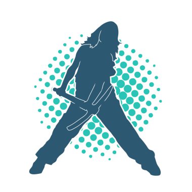 Kadın modelin silüeti, işçi kıyafeti giymesi ve balta taşıması..