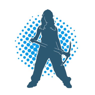 Kadın modelin silüeti, işçi kıyafeti giymesi ve balta taşıması..