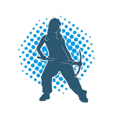 Kadın modelin silüeti, işçi kıyafeti giymesi ve balta taşıması..