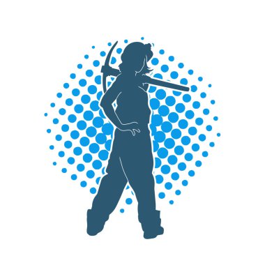 Kadın modelin silüeti, işçi kıyafeti giymesi ve balta taşıması..