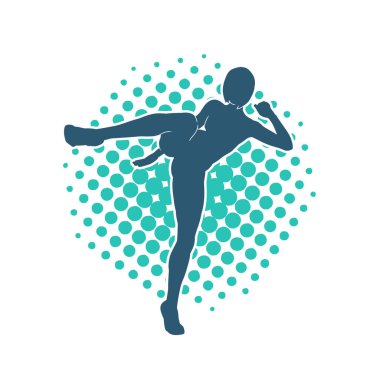 Dövüş sanatları tekmesi atan bir kadının silueti. Sportif bir kadının silueti tekme hareketi yapıyor..