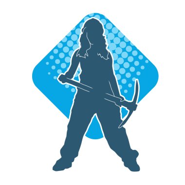 Kadın modelin silüeti, işçi kıyafeti giymesi ve balta taşıması..