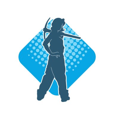 Kadın modelin silüeti, işçi kıyafeti giymesi ve balta taşıması..