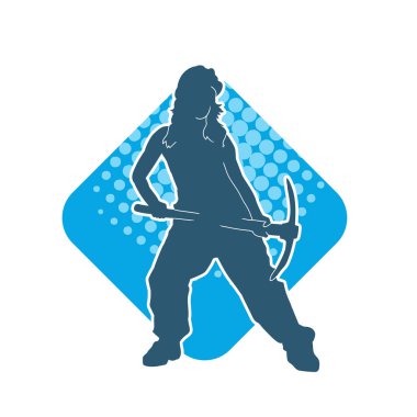 Kadın modelin silüeti, işçi kıyafeti giymesi ve balta taşıması..