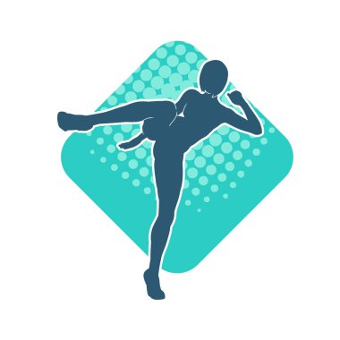 Dövüş sanatları tekmesi atan bir kadının silueti. Sportif bir kadının silueti tekme hareketi yapıyor..