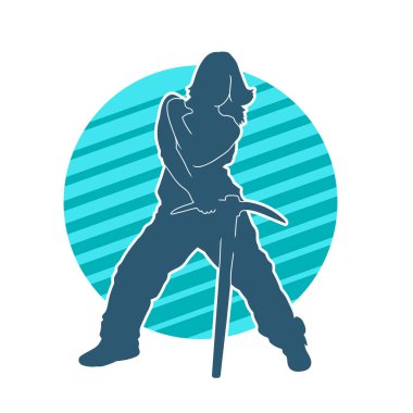 Kadın modelin silüeti, işçi kıyafeti giymesi ve balta taşıması..