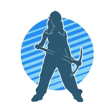 Kadın modelin silüeti, işçi kıyafeti giymesi ve balta taşıması..