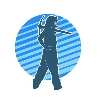 Kadın modelin silüeti, işçi kıyafeti giymesi ve balta taşıması..