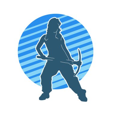 Kadın modelin silüeti, işçi kıyafeti giymesi ve balta taşıması..