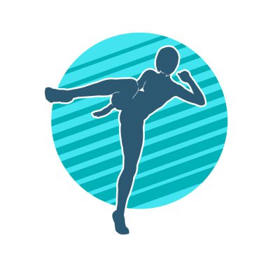 Dövüş sanatları tekmesi atan bir kadının silueti. Sportif bir kadının silueti tekme hareketi yapıyor..