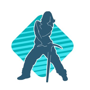 Kadın modelin silüeti, işçi kıyafeti giymesi ve balta taşıması..