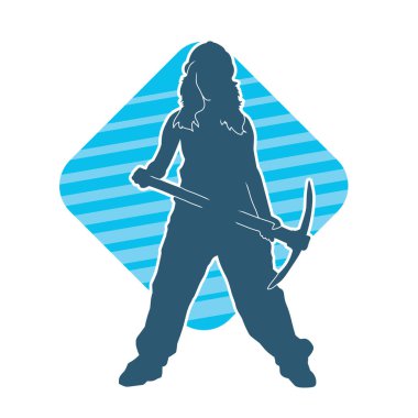 Kadın modelin silüeti, işçi kıyafeti giymesi ve balta taşıması..