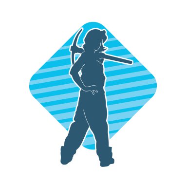 Kadın modelin silüeti, işçi kıyafeti giymesi ve balta taşıması..