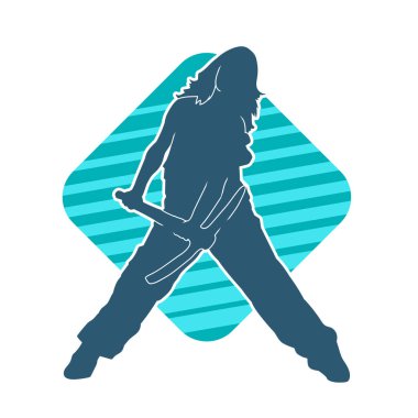 Kadın modelin silüeti, işçi kıyafeti giymesi ve balta taşıması..