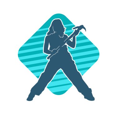 Kadın modelin silüeti, işçi kıyafeti giymesi ve balta taşıması..