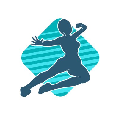 Dövüş sanatları tekmesi atan bir kadının silueti. Sportif bir kadının silueti tekme hareketi yapıyor..