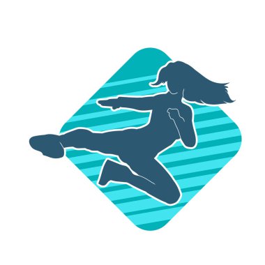Dövüş sanatları tekmesi atan bir kadının silueti. Sportif bir kadının silueti tekme hareketi yapıyor..