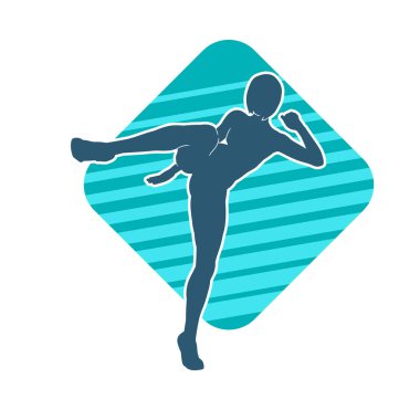 Dövüş sanatları tekmesi atan bir kadının silueti. Sportif bir kadının silueti tekme hareketi yapıyor..