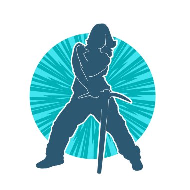 Kadın modelin silüeti, işçi kıyafeti giymesi ve balta taşıması..