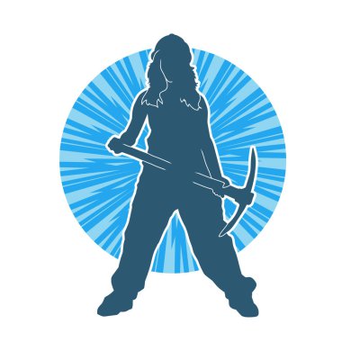 Kadın modelin silüeti, işçi kıyafeti giymesi ve balta taşıması..