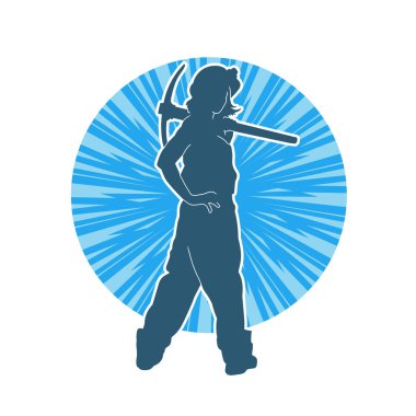 Kadın modelin silüeti, işçi kıyafeti giymesi ve balta taşıması..