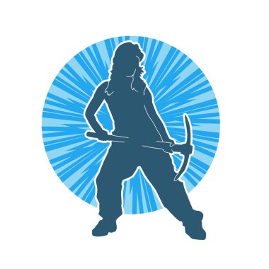 Kadın modelin silüeti, işçi kıyafeti giymesi ve balta taşıması..