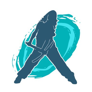 Kadın modelin silüeti, işçi kıyafeti giymesi ve balta taşıması..