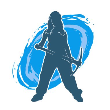 Kadın modelin silüeti, işçi kıyafeti giymesi ve balta taşıması..