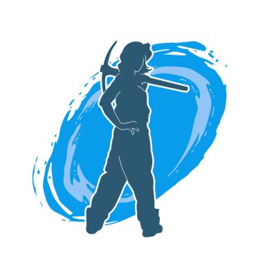 Kadın modelin silüeti, işçi kıyafeti giymesi ve balta taşıması..