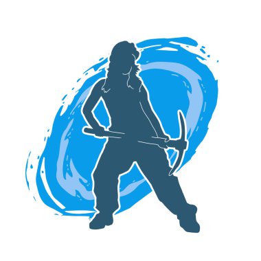 Kadın modelin silüeti, işçi kıyafeti giymesi ve balta taşıması..