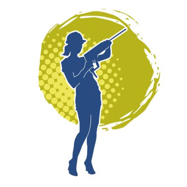 Makineli elektrikli matkap taşıyan kadın bir inşaat işçisinin silueti. Elektrikli matkap tutan bir kadın inşaatçının silueti..