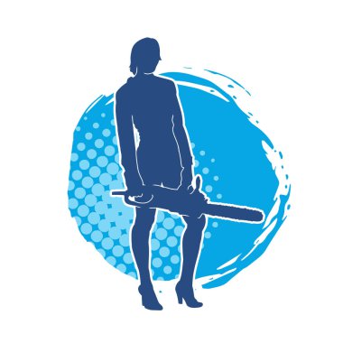 Elektrikli testereli seksi bir kadın işçinin silüeti. Elinde testere tutan bir oduncu gibi giyinmiş seksi kadın duruşu silueti..