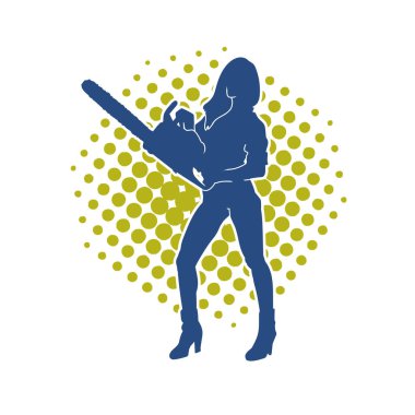 Elektrikli testereli seksi bir kadın işçinin silüeti. Elinde testere tutan bir oduncu gibi giyinmiş seksi kadın duruşu silueti..