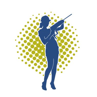 Makineli elektrikli matkap taşıyan kadın bir inşaat işçisinin silueti. Elektrikli matkap tutan bir kadın inşaatçının silueti..