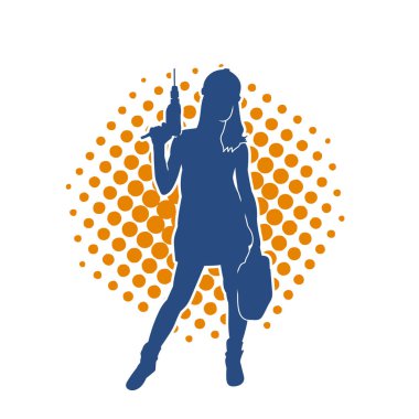 Makineli elektrikli matkap taşıyan kadın bir inşaat işçisinin silueti. Elektrikli matkap tutan bir kadın inşaatçının silueti..