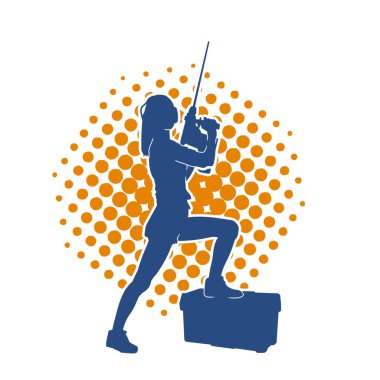 Makineli elektrikli matkap taşıyan kadın bir inşaat işçisinin silueti. Elektrikli matkap tutan bir kadın inşaatçının silueti..