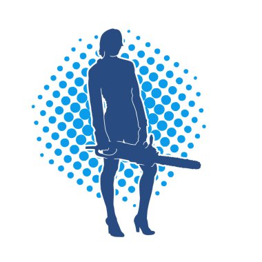 Elektrikli testereli seksi bir kadın işçinin silüeti. Elinde testere tutan bir oduncu gibi giyinmiş seksi kadın duruşu silueti..