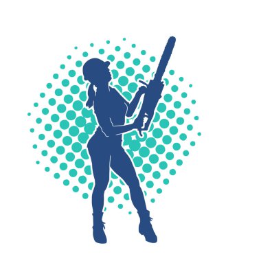 Elektrikli testereli seksi bir kadın işçinin silüeti. Elinde testere tutan bir oduncu gibi giyinmiş seksi kadın duruşu silueti..