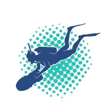 Sualtı meşalesi taşıyan ya da suyun altında yüzerken dalış yapan bir kadın dalgıç silueti.